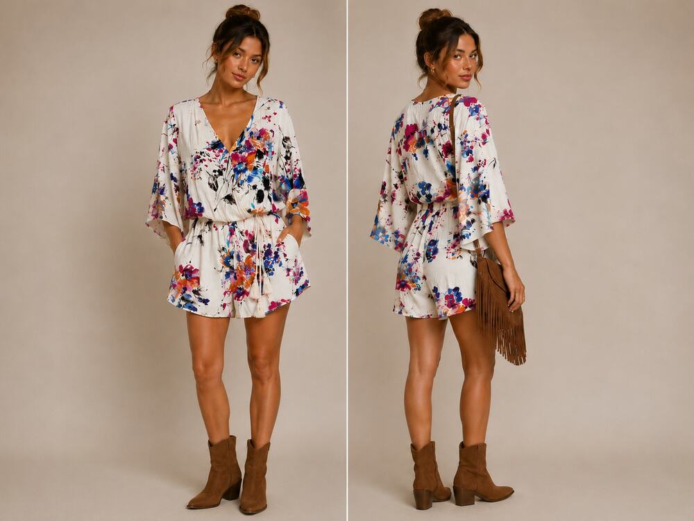 Umgee USA Floral Kimono Sleeve Romper Drawstring Tassel Boho Size Medium
